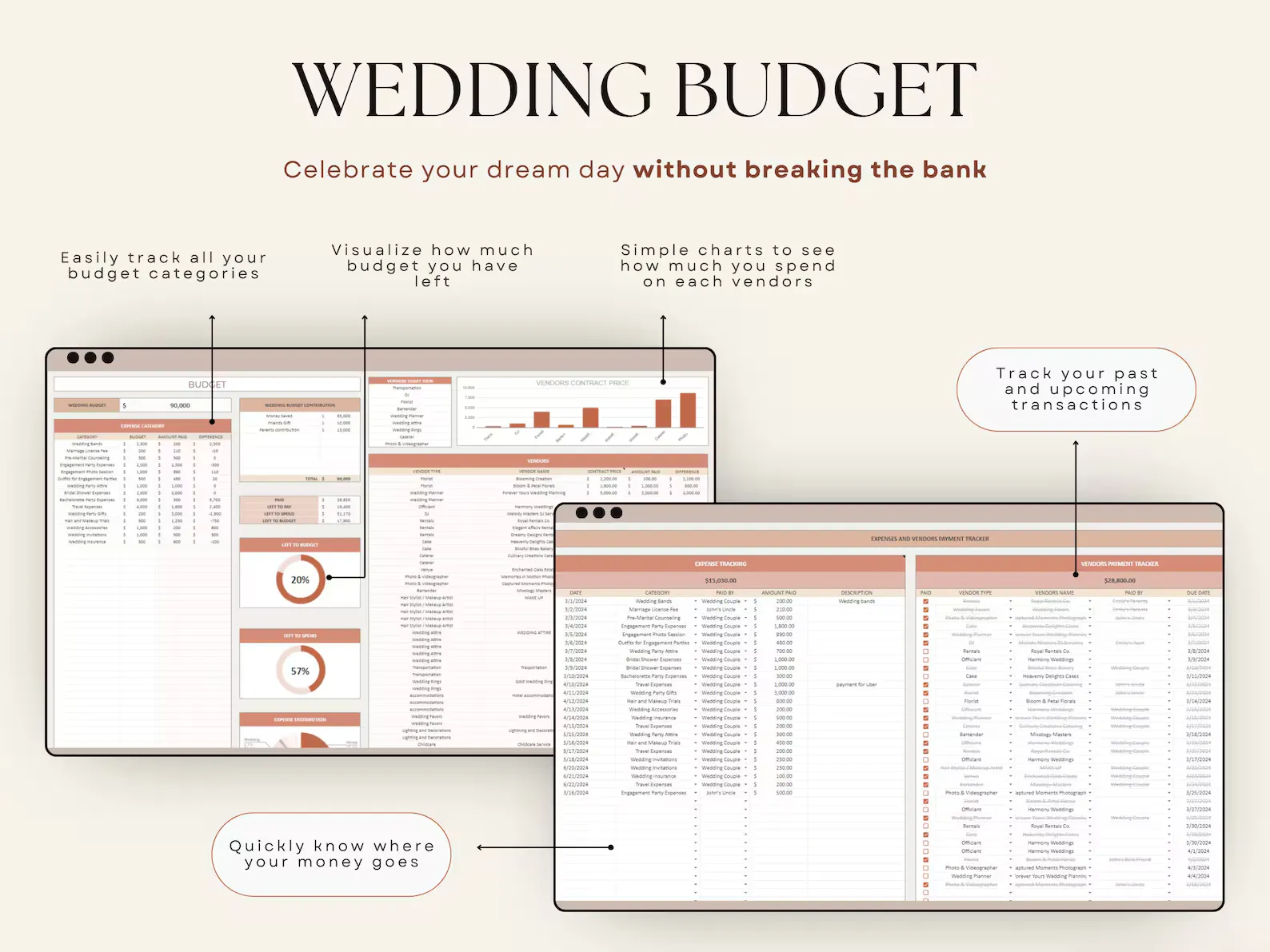 Wedding planner spreadsheet preview showcasing professional organization and comprehensive planning features